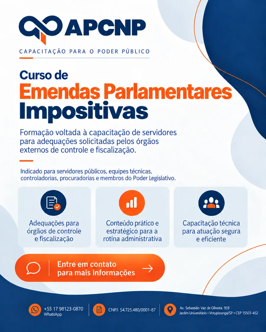Arte de divulgação do Curso de Emendas Parlamentares Impositivas da APCNP